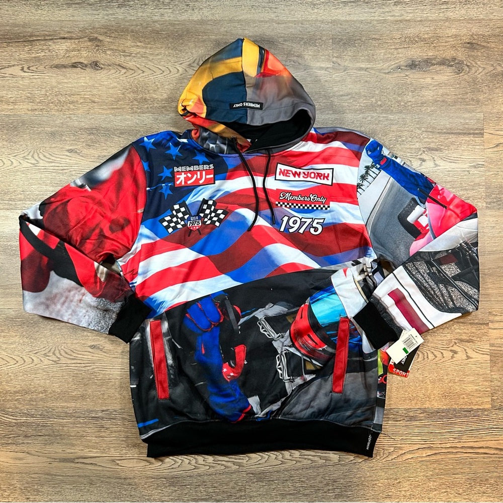 Members Only Sports All Over Print Race Car Hoodie Sweatshirt Pullover Men Large